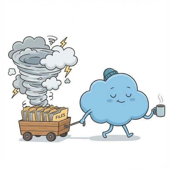 Cartoon comparison of chaotic file storage versus calm, organized cloud storage, highlighting the benefits of reliable cloud storage solutions for businesses.